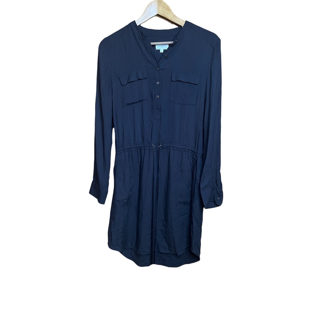 Lou & Grey Black Utility Shirt Dress Long Sleeve Drawstring Waist Rayon Small